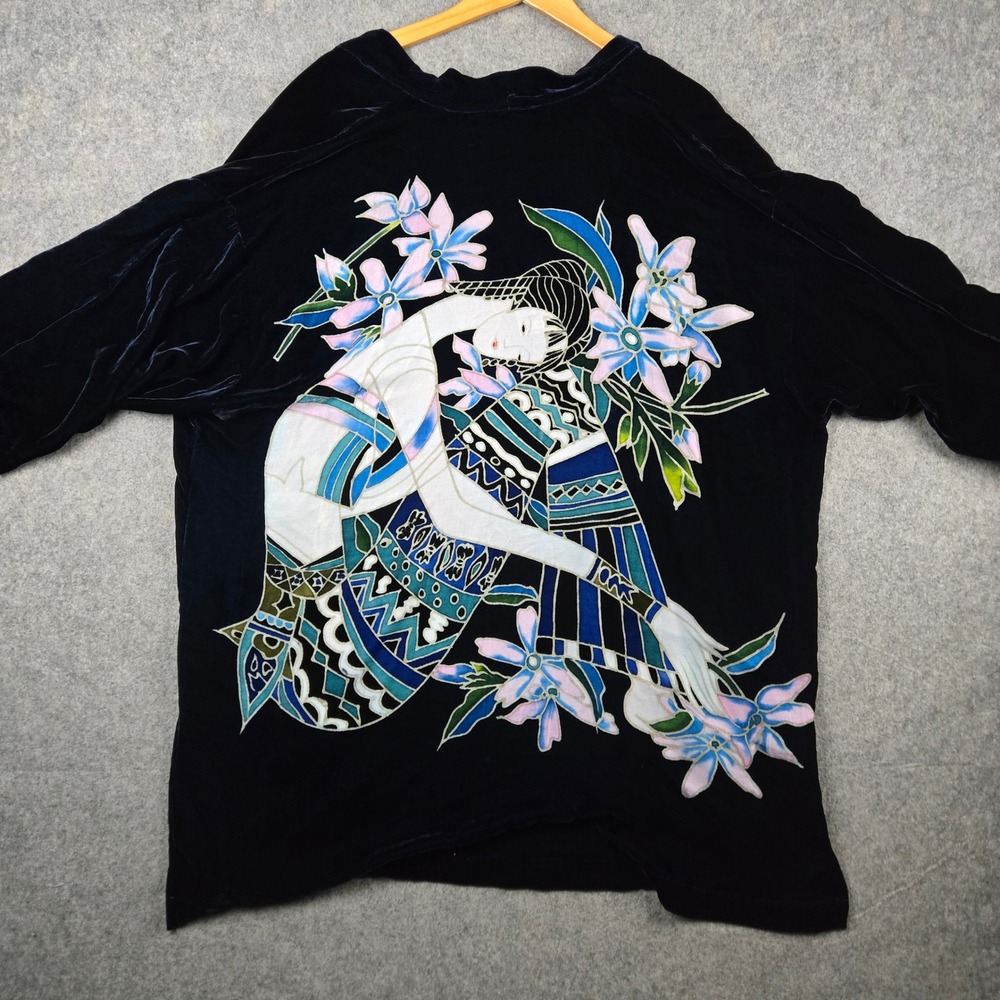 Simply Silk Kimono Jacket Womens OS Black Velvet Floral Art Asia Japan Cardigan